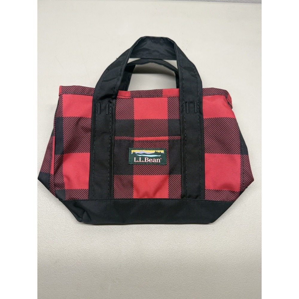 L.L. Bean Everyday Mini Tote Bag XS Red Black Buffalo Plaid Double Handles